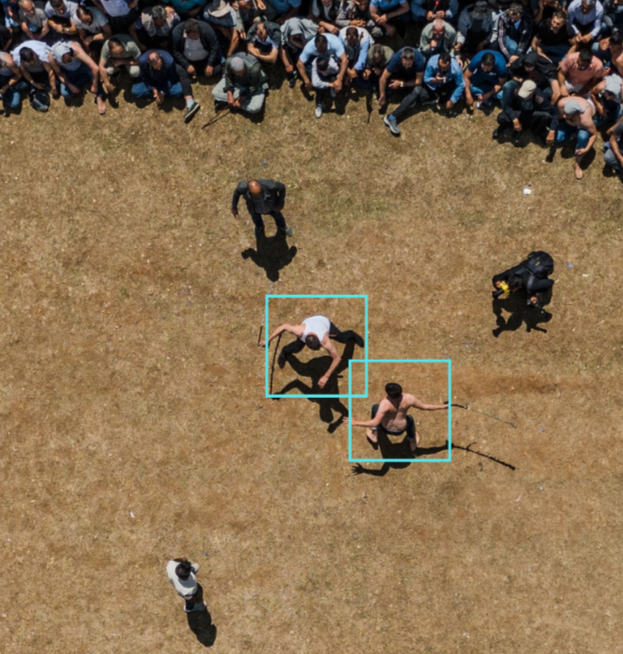 An aerial view of a large group of people gathered and some engaged in a wrestling match on a grassy field.