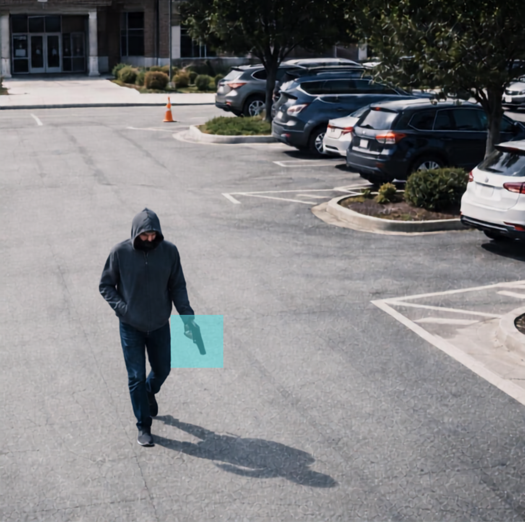 A person wearing a hoodie and face mask walking in a parking lot while holding a gun. The gun is highlighted by ai surveillance alerting for gun detection.