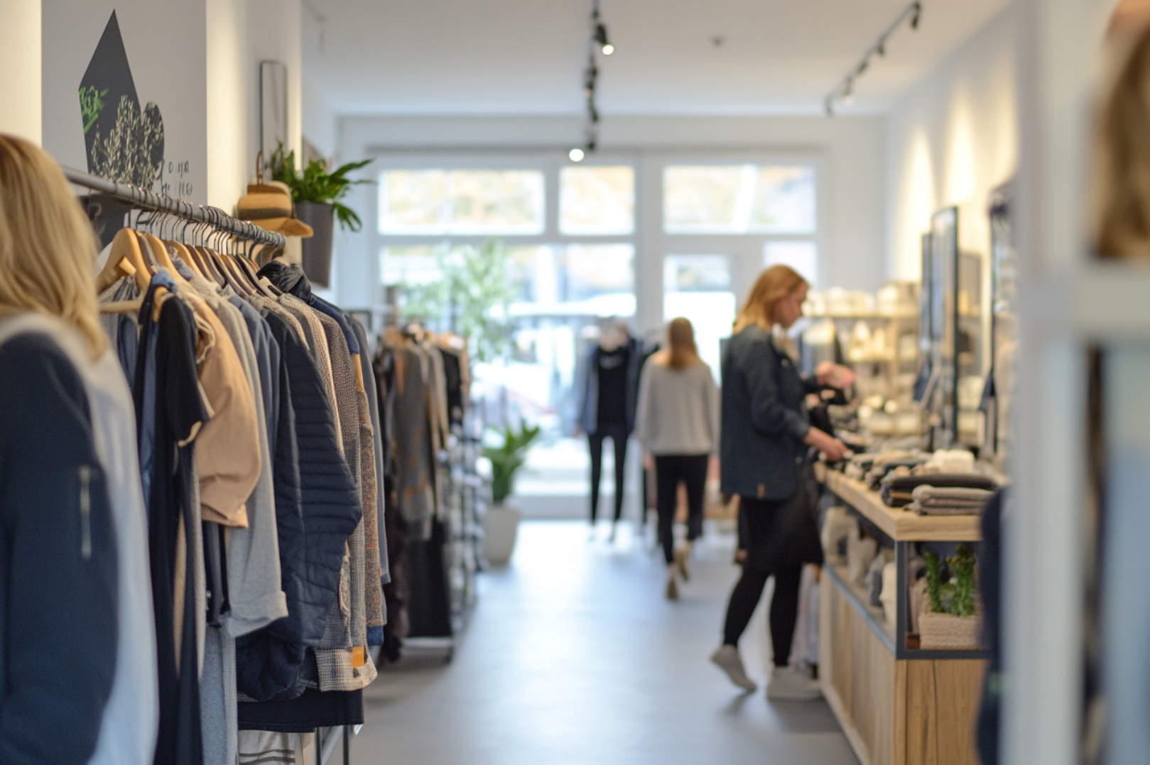 Inside a retail clothing store with racks of jackets and a few customers shopping.