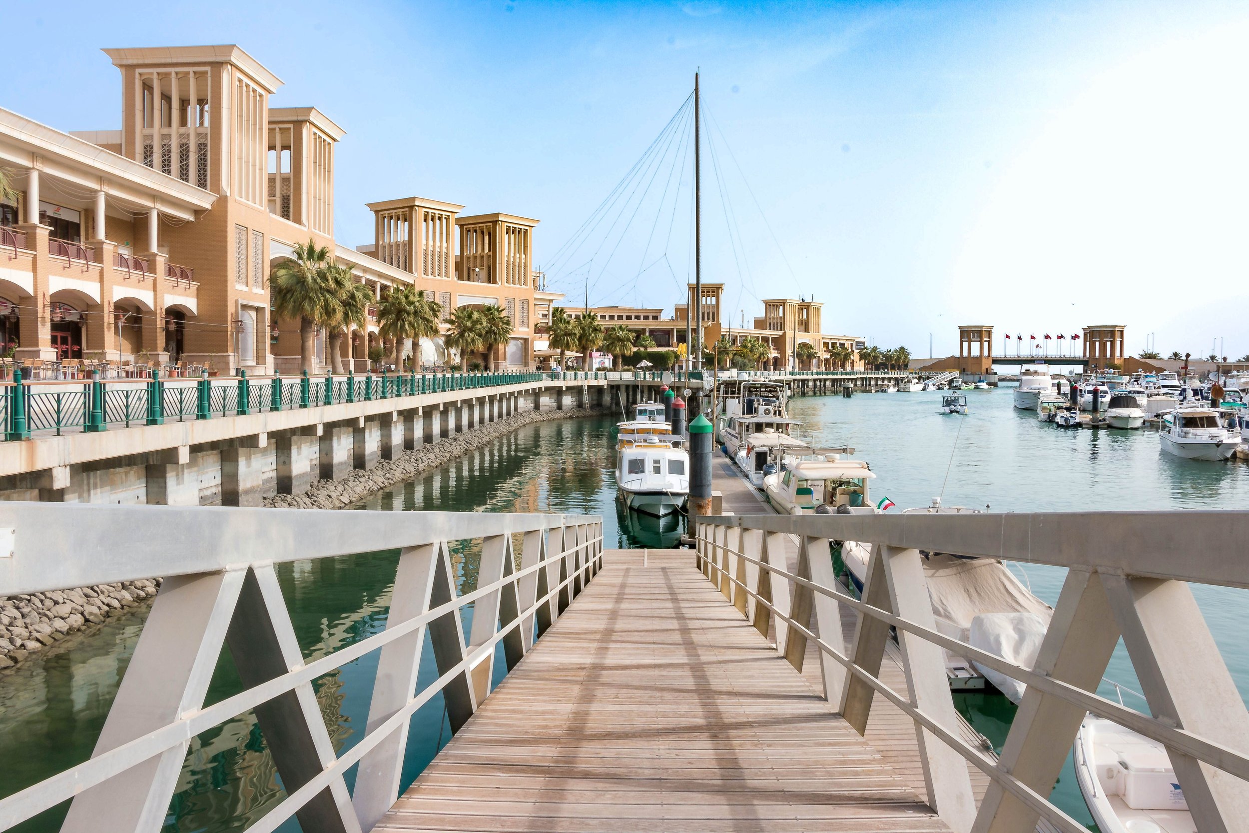 A dock with a walkway leading to boats in a marina, with buildings and palm trees along the waterfront and a bridge in the background.