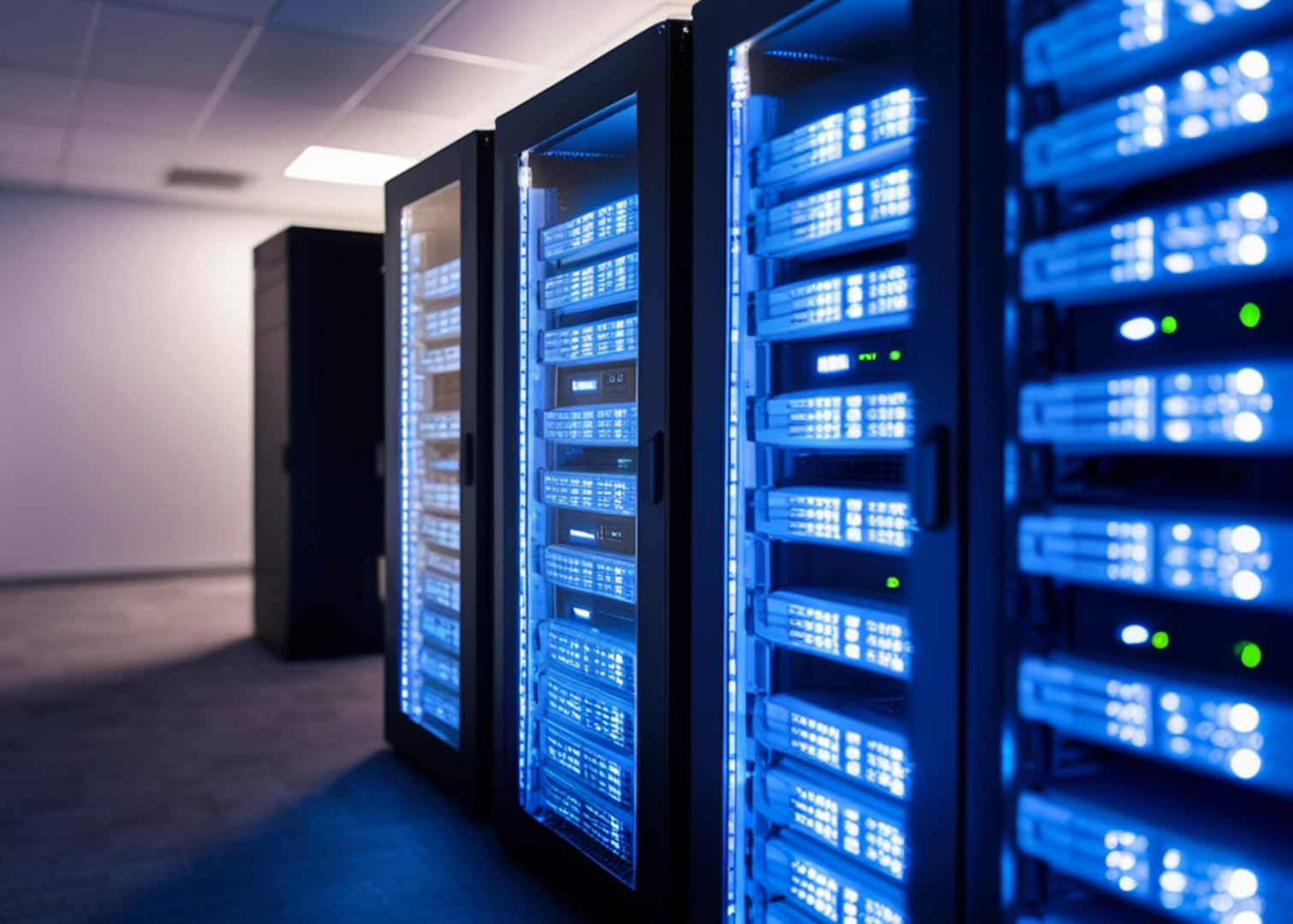A row of server racks with blue LED lights in a data center.