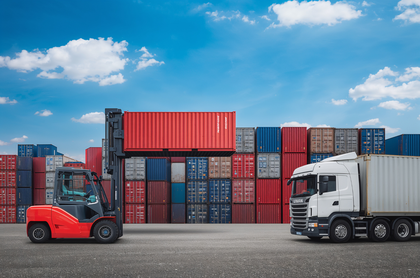 A forklift moving a red shipping container at a busy container yard with stacked containers in the background and a blue sky with clouds overhead.