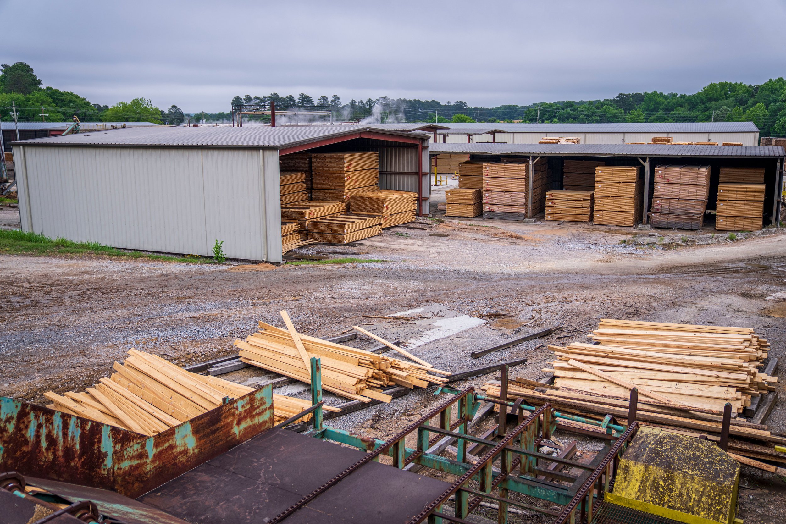 Outdoor lumber storage with stacks of wooden planks under metal roofs at a lumber yard, greenery, and overcast sky in the background.