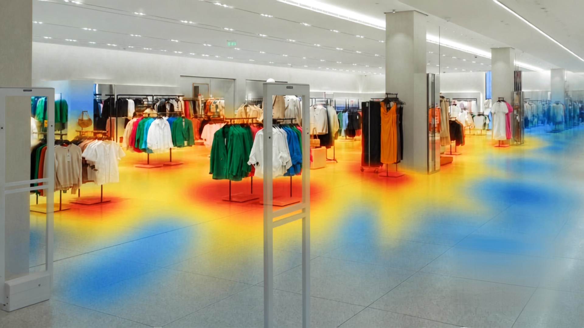 Clothing store interior with colorful garments on racks and a heat map overlay indicating foot traffic areas.