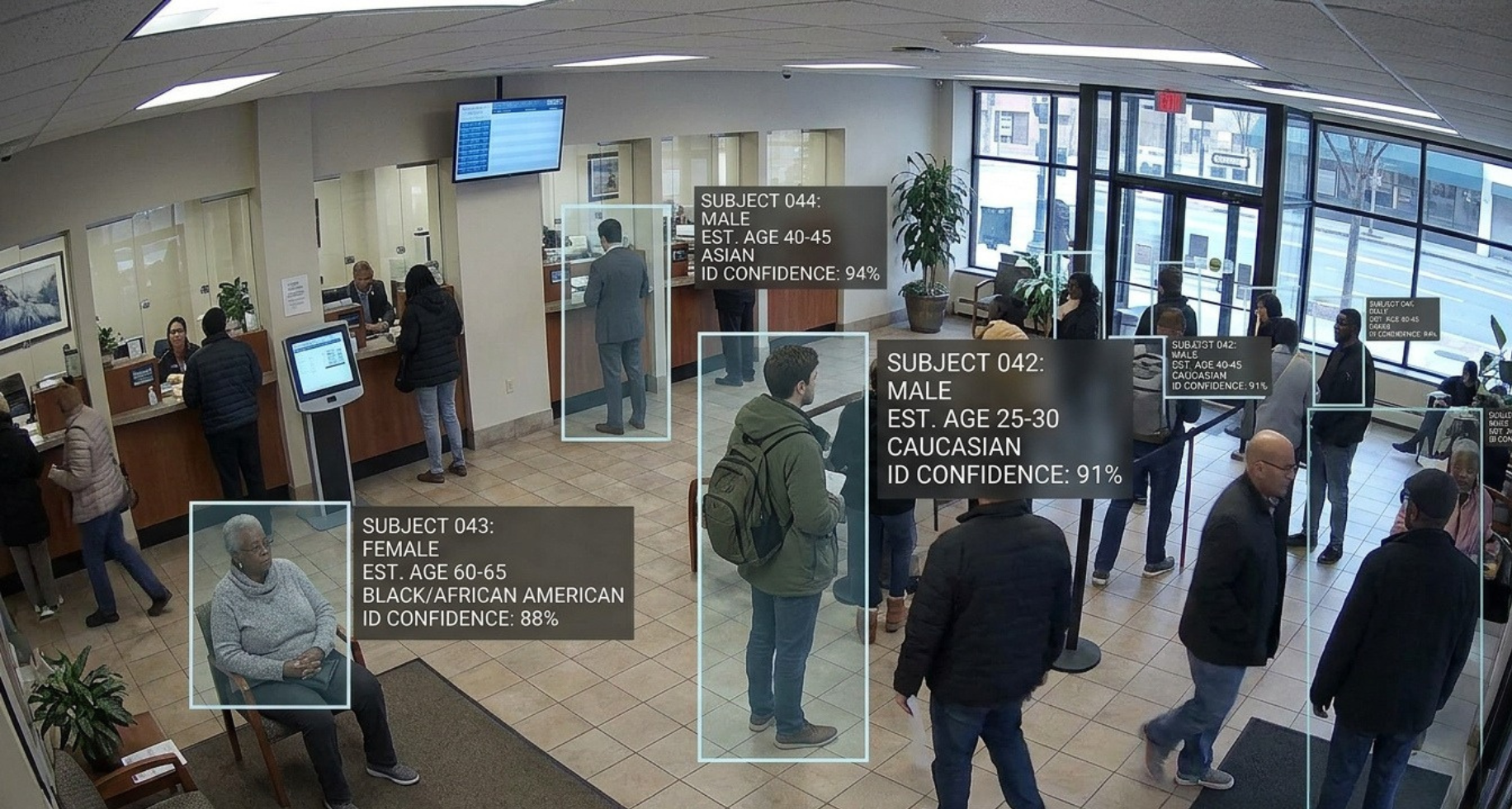 A busy indoor scene at a service center with several people waiting in line, sitting, or interacting with staff behind counters. Several individuals are marked with facial recognition boxes displaying demographic information and confidence scores.