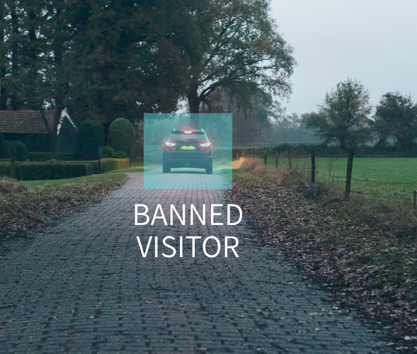 A car is driving down a rural country road with trees and fields on either side, and the words "BANNED VISITOR" are overlaid on the image.