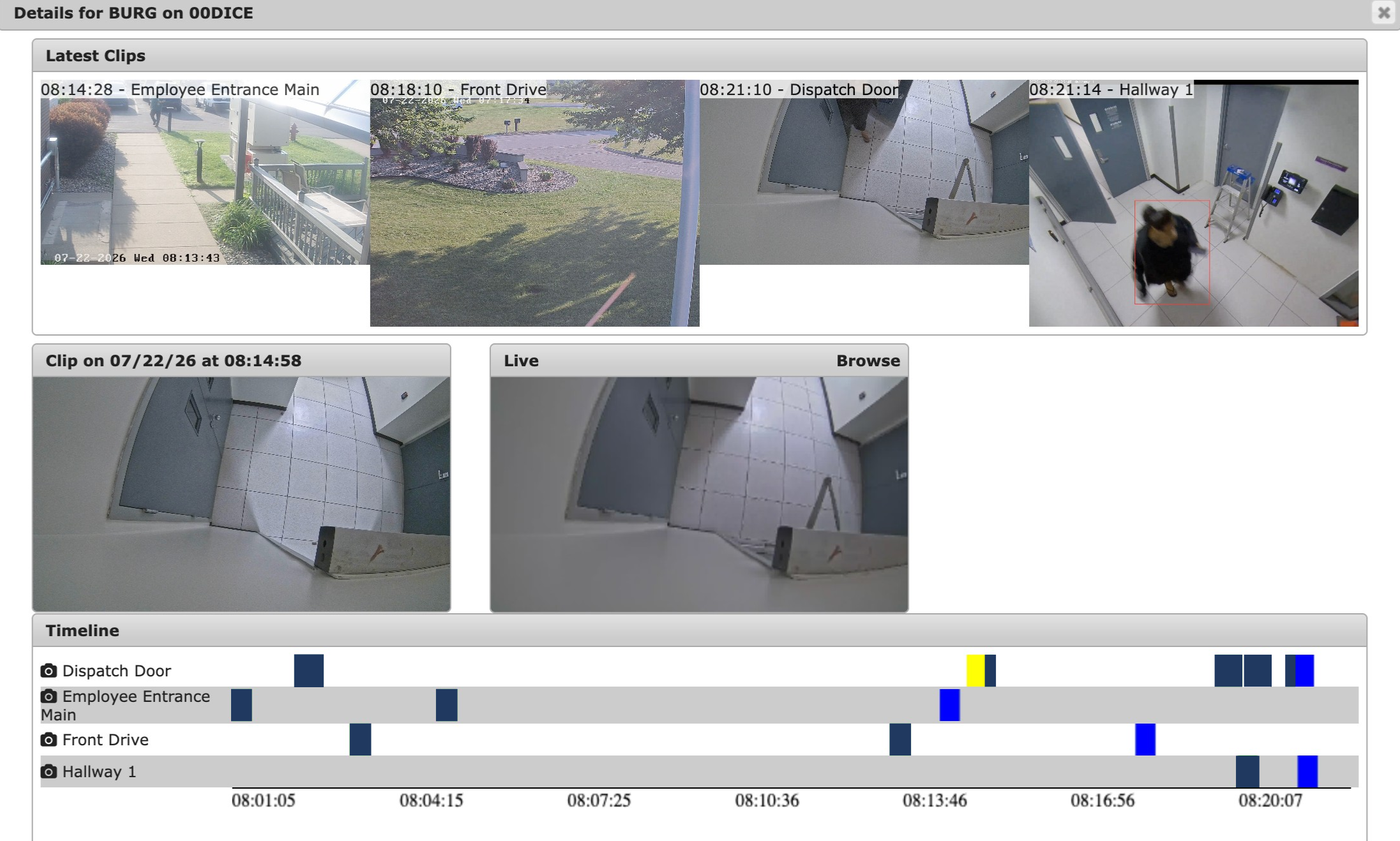 Screenshots of Clear Watch's dealer portal featuring security camera footage showing outdoor and indoor scenes, including employee entrances, a front drive, a hallway, and a dispatch door, with timestamps and activity logs.