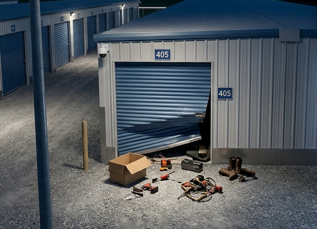 Storage unit with the number 405 has a damaged roll up door and is broken into. Boxes and tools lay scattered in front of the unit.
