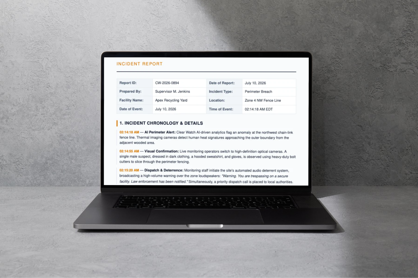 Laptop displaying an incident report document on a concrete surface with a textured wall background.