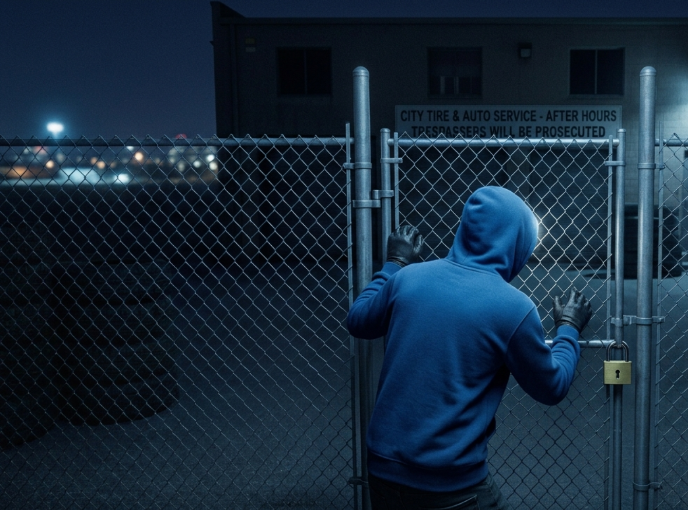 A person in a blue hoodie and black gloves is attempting to open a chain-link gate secured with a padlock, outside a building at night.