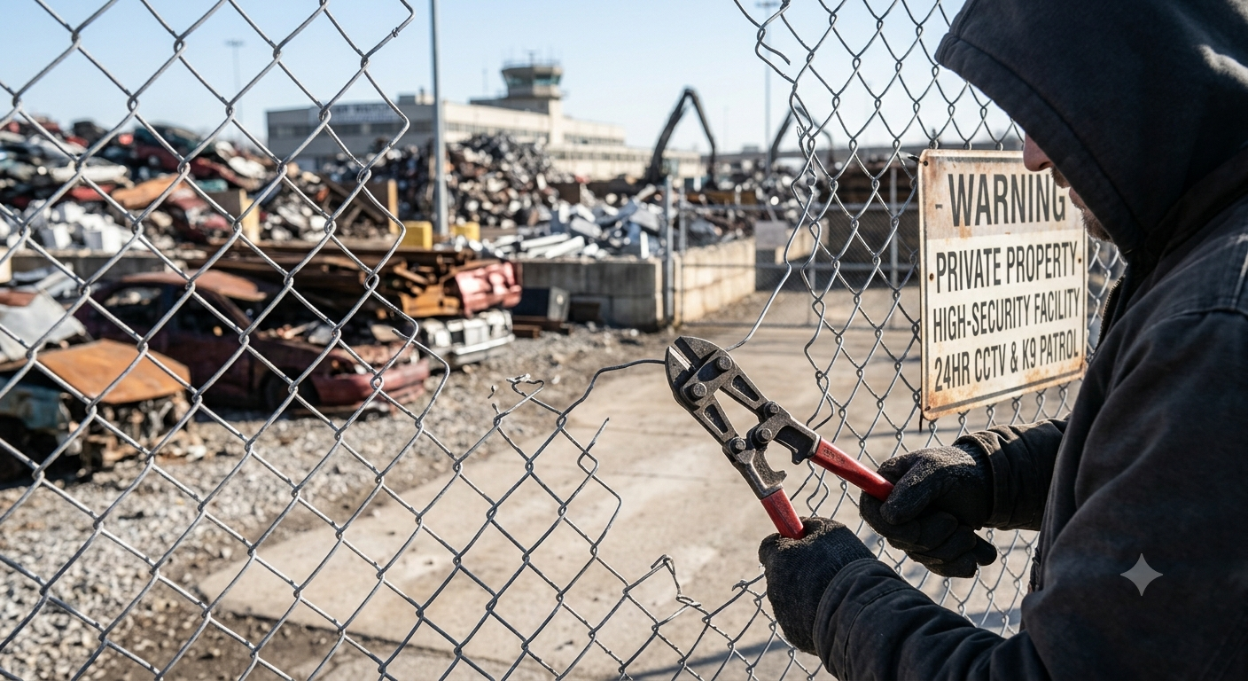 A person wearing a dark hoodie and gloves is cutting a chain-link fence with bolt cutters at an industrial scrap yard, with piles of rusted metal and a building in the background.