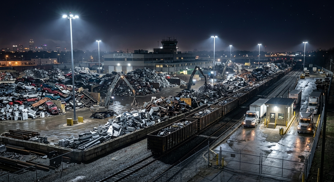 Nighttime view of a junkyard with crushed cars and debris, heavy machinery, and trucks, illuminated by tall lights near train tracks and a small office building.