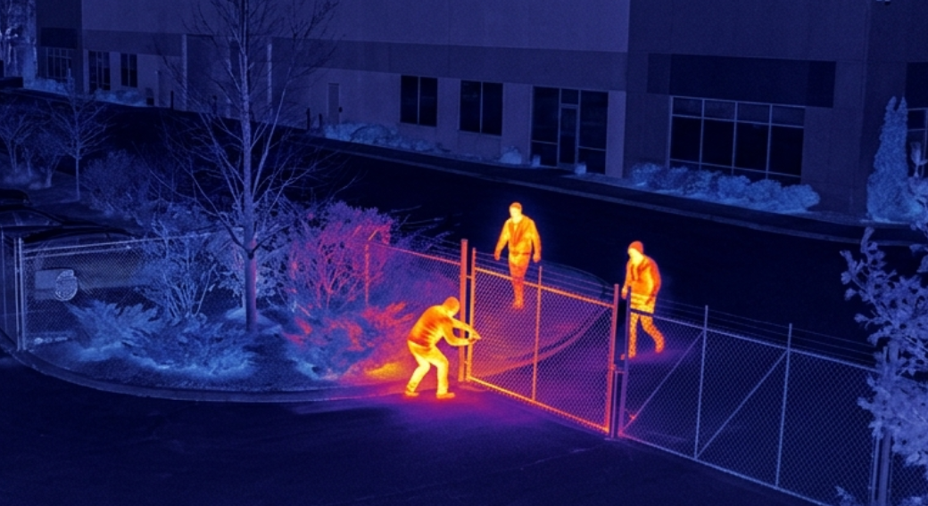 Nighttime infrared image of four people trespassing a chain-link fence into a parking lot full of cars.