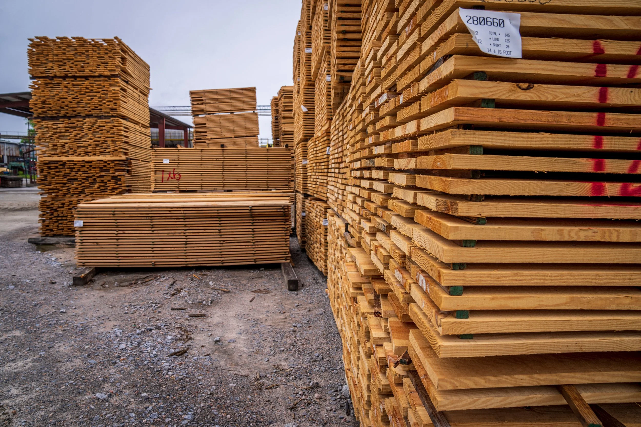 Stacks of lumber arranged outdoors, with some tilted and others stacked neatly on pallets.