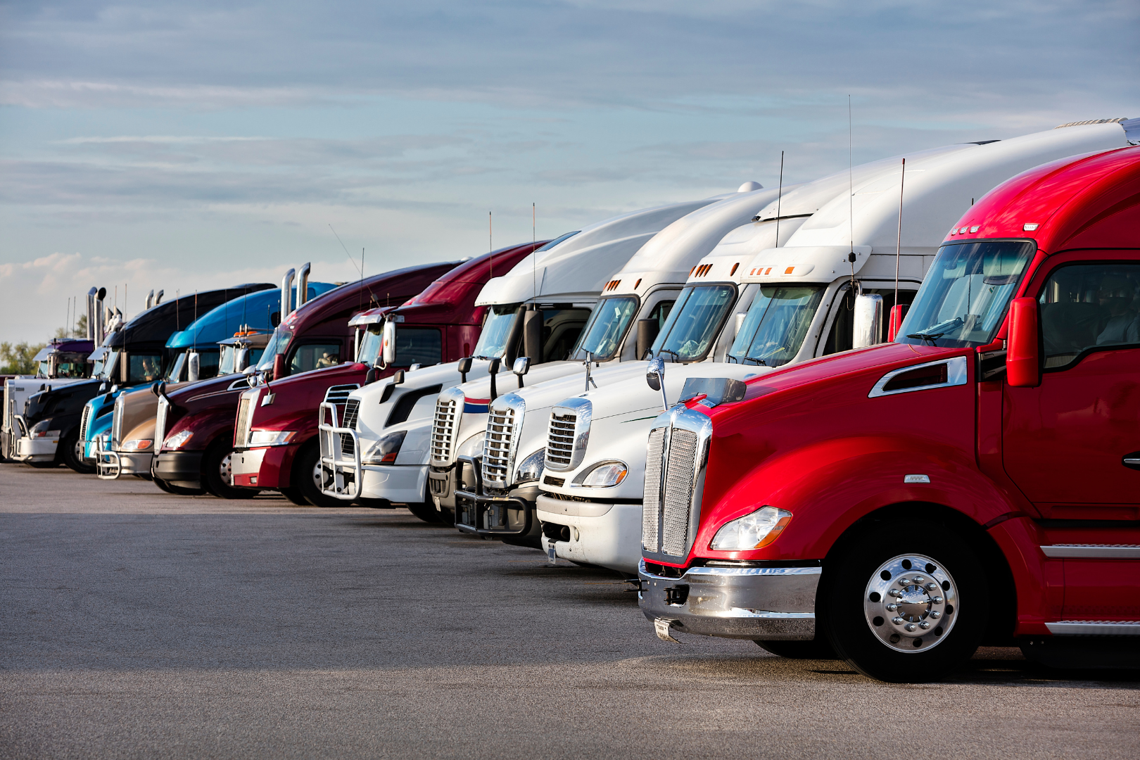 A lineup of semi-trucks parked side by side in a lot, varying in colors including red, white, black, and blue.