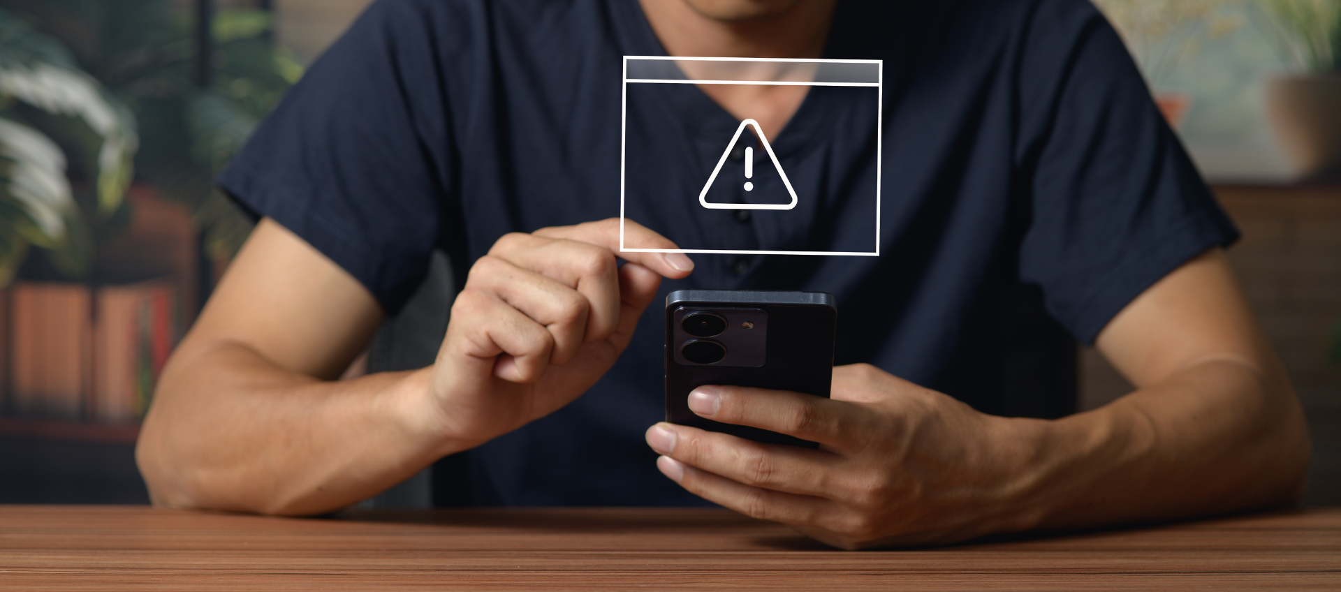 Person holding a smartphone with a warning icon and exclamation point overlay on the image.