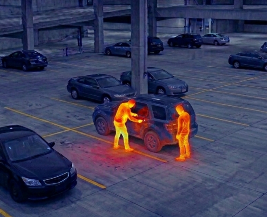 Thermal image of two people attempting to break into a parked SUV in a parking lot, with several other cars around.