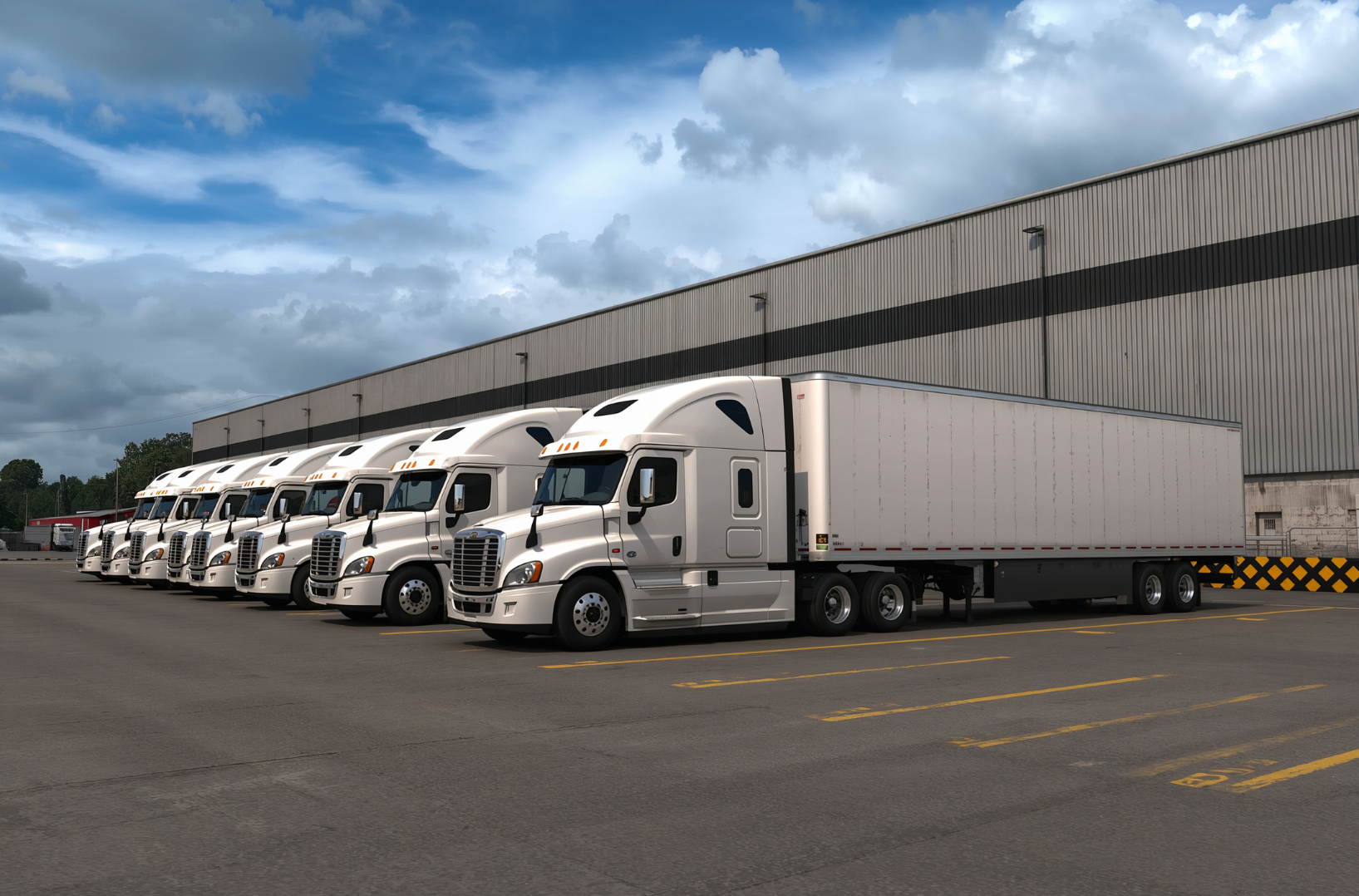 Seven white semi-trucks parked in a row outside a large industrial warehouse under a partly cloudy sky.