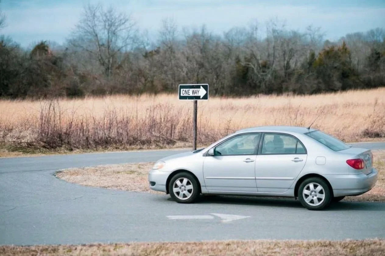 A silver sedan going the wrong direction on a one-way street. There is a 'one way' street sign, arrows pointing on the road, and trees in the background.