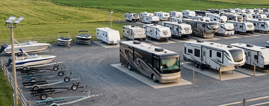 An RV storage lot with multiple RVs, boats, and trailers on a gravel lot surrounded by green grass.