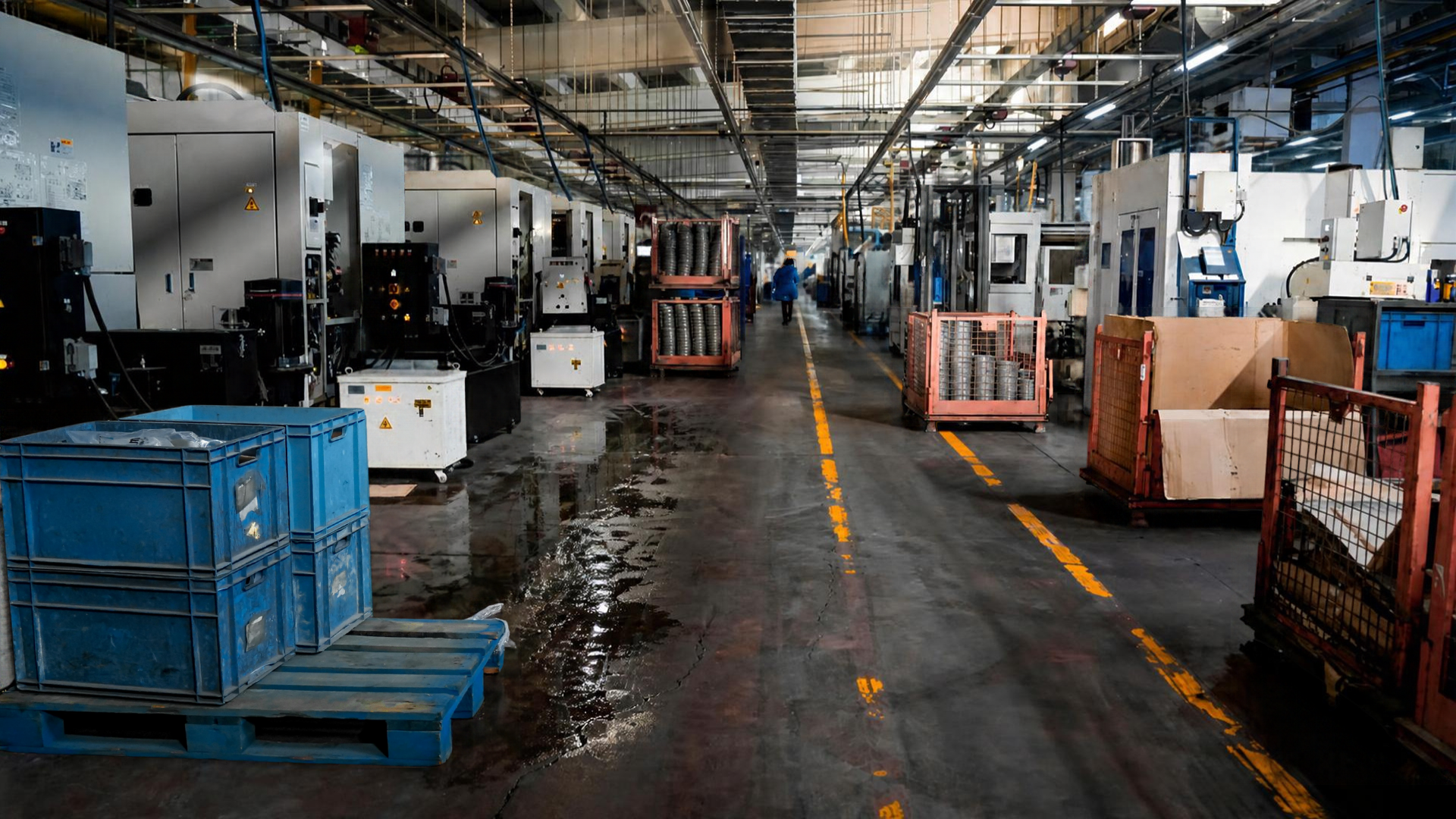 Inside an industrial factory with machinery on both sides and a person walking away in the background. The floor is wet and has water puddles, with blue and red crates stacked around.