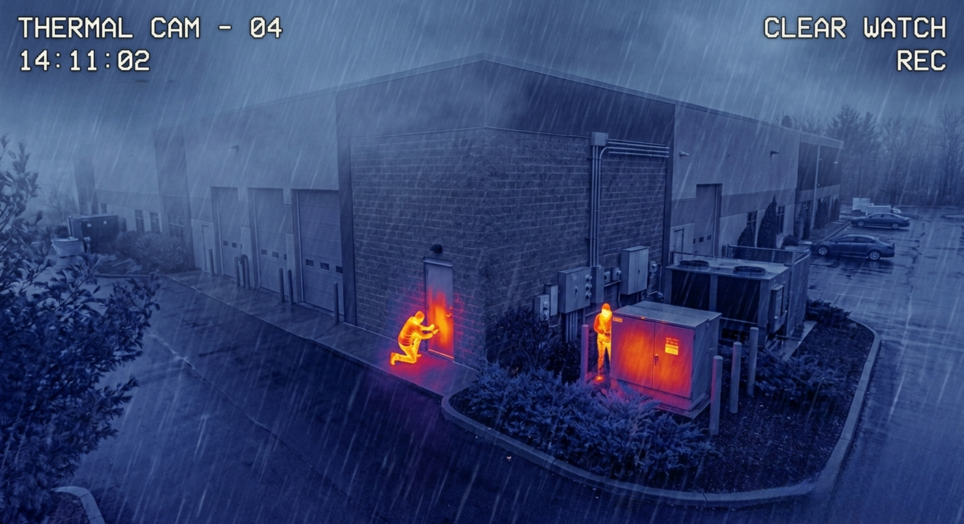 Thermal camera view of two people trespassing and attempting to break into the door of a large industrial building on a rainy night.