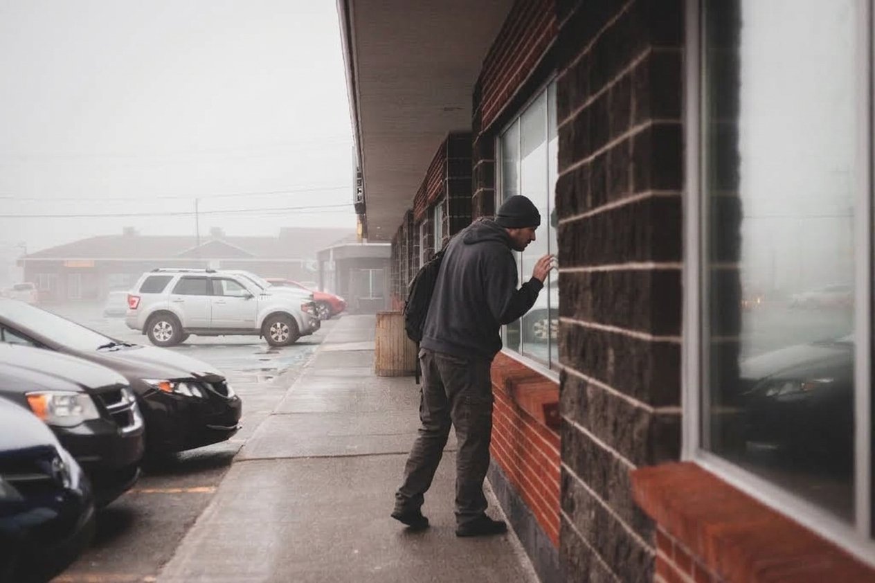A man dressed in dark clothing and a beanie looking into a shop window on a foggy day, with parked cars in a lot nearby.