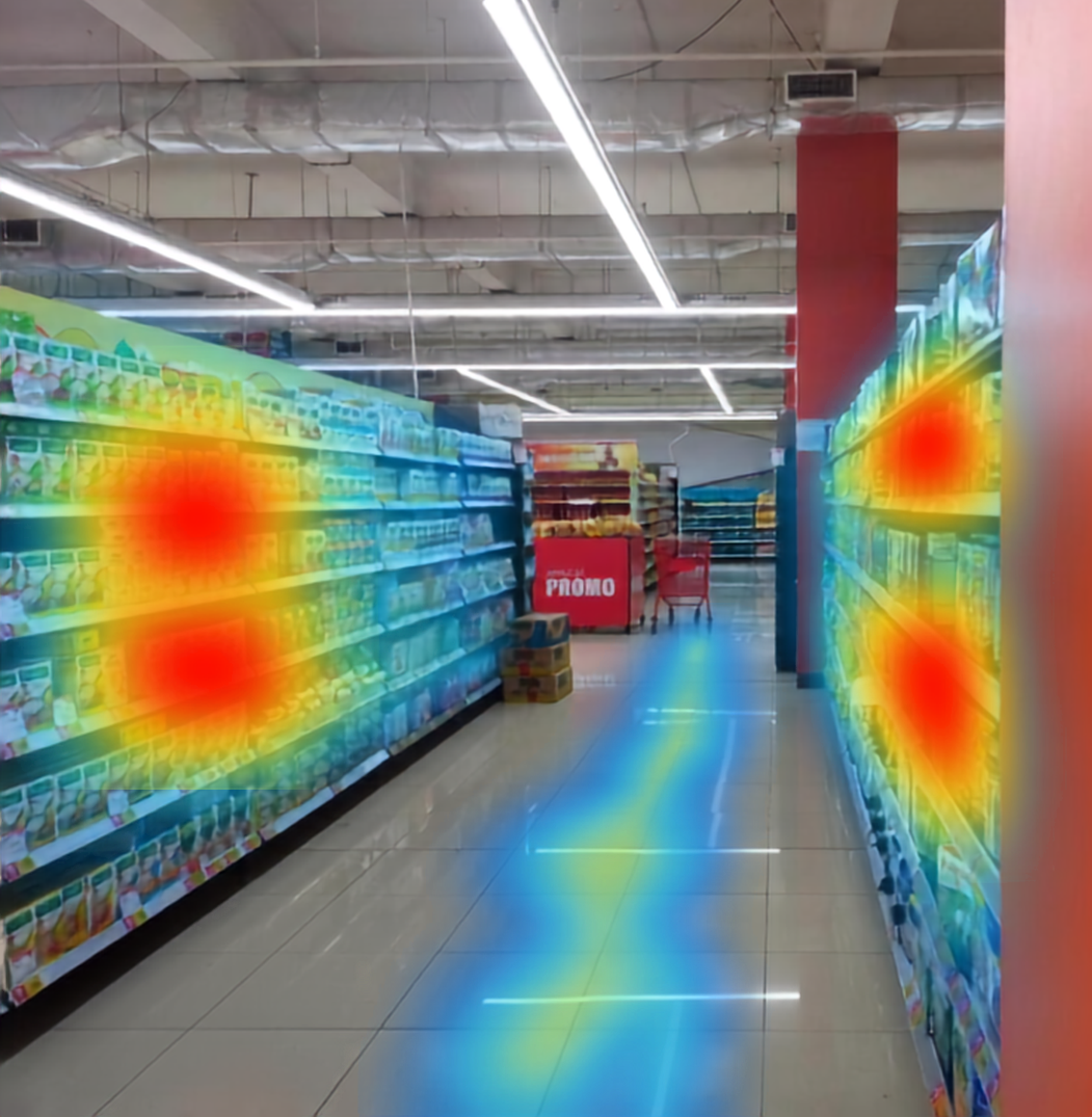Heatmap overlay on aisle in grocery store showing high attention areas on shelves and a pathway at the center.