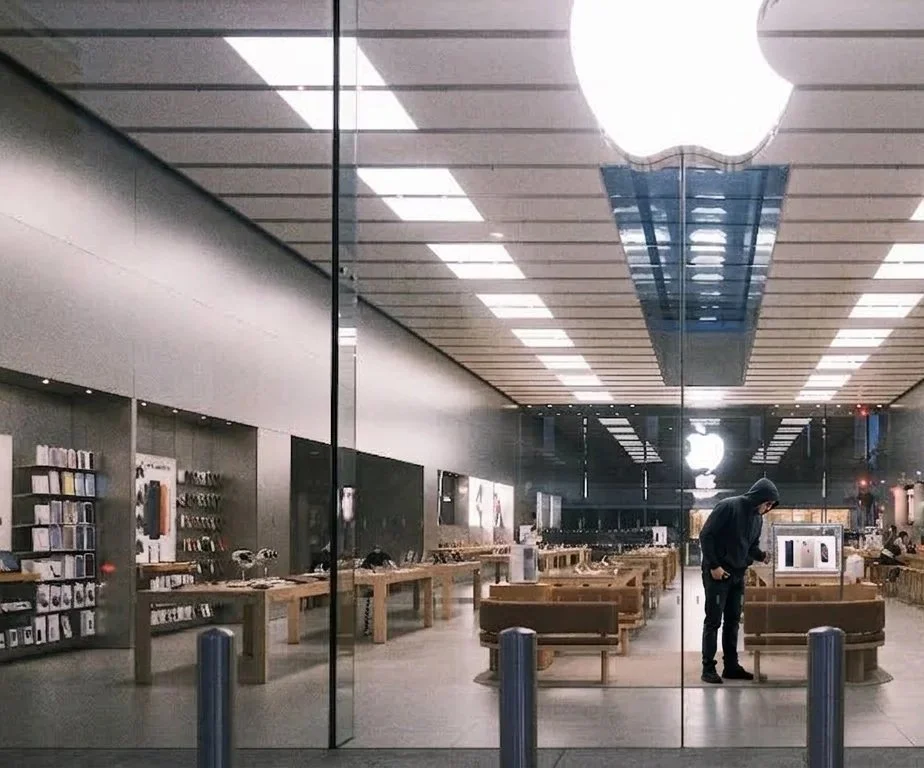 Inside an Apple Store with a man in a dark hoodie looking at products, shelves with accessories, and seating area.