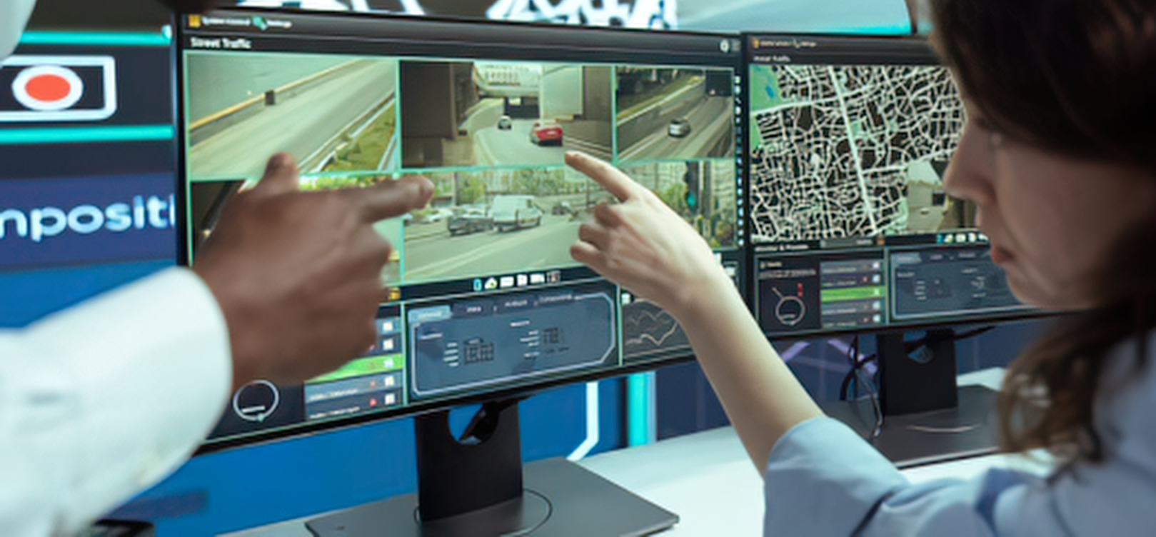 Two people analyze data on multiple computer monitors showing street and traffic surveillance footage and maps.