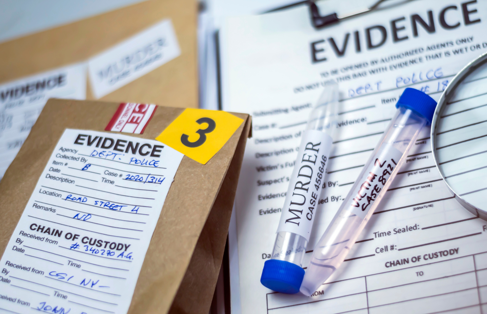 Evidence collection items including a police evidence bag, a chain of custody form, and a blood sample tube, all marked with case number 458621.