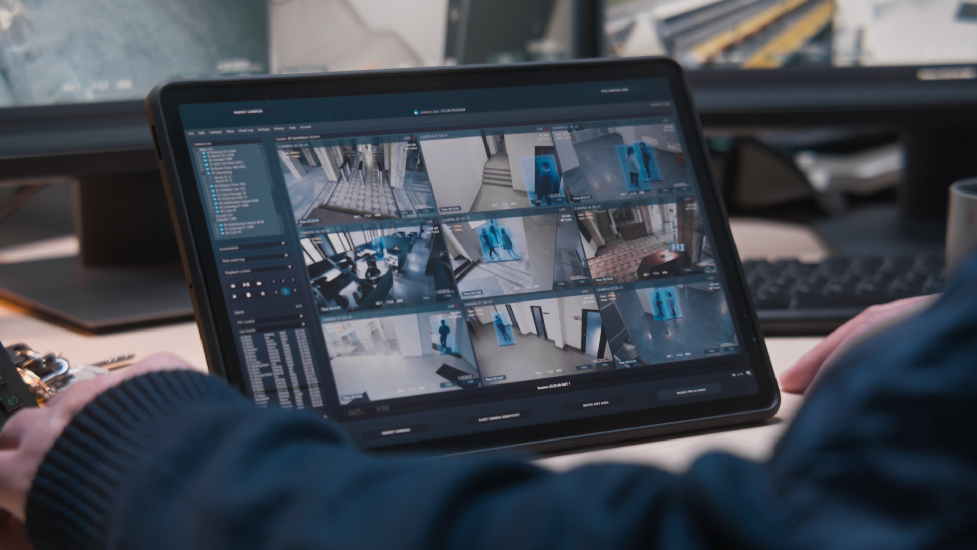 Close-up of a person operating a monitor displaying multiple CCTV security camera feeds in a monitoring room.