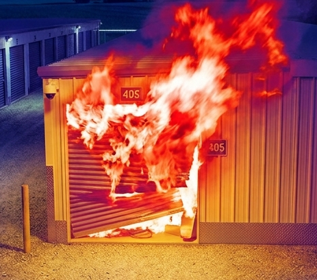 A storage unit is on fire with large flames and smoke coming out.