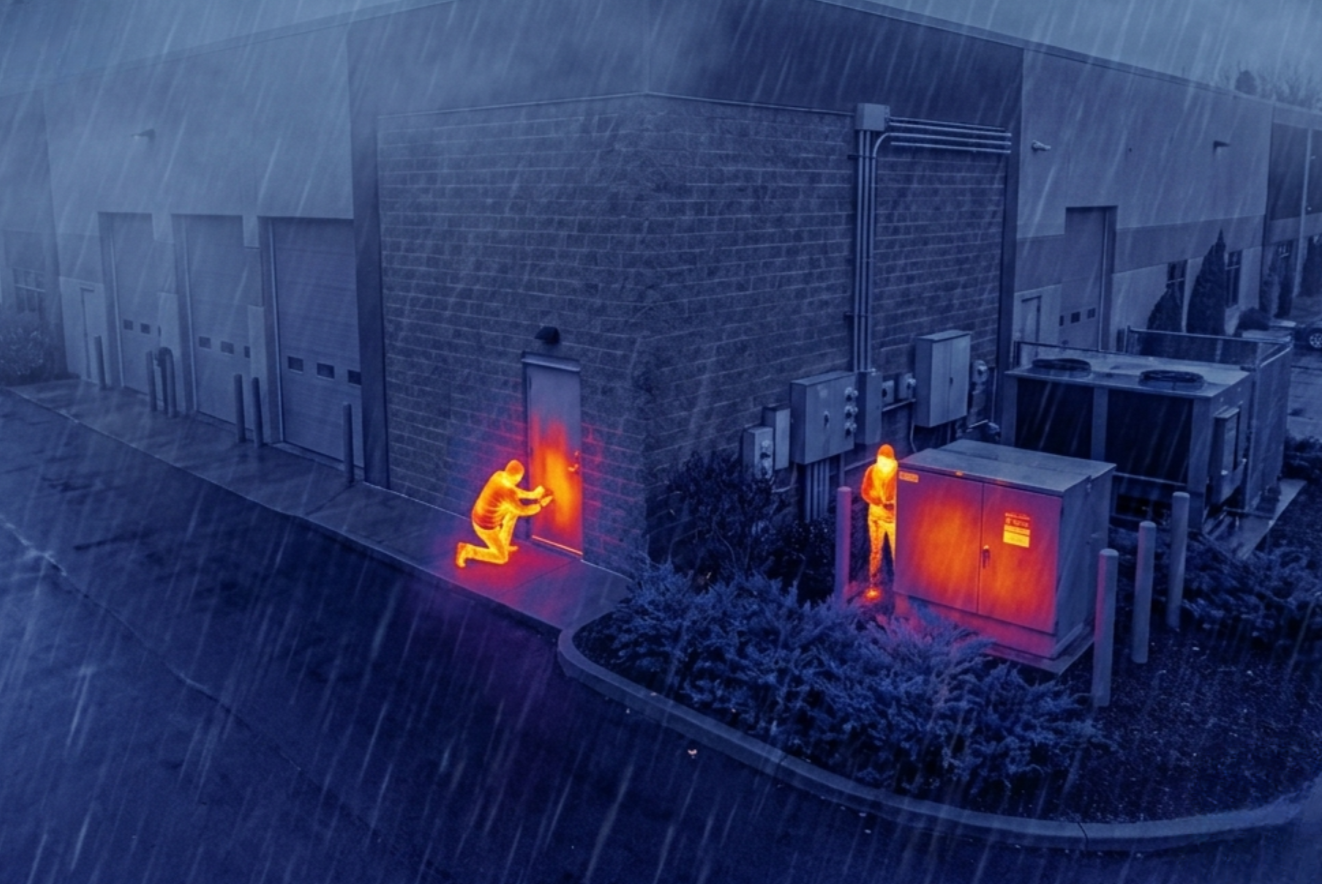 Two trespassers outside of a commercial building in the middle of the night, detected by night-time infrared surveillance.
