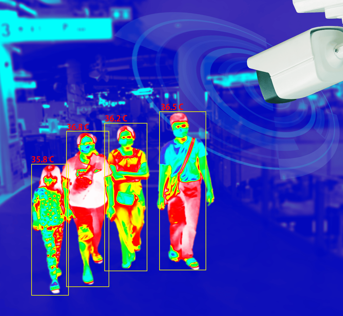 Infrared thermal image of three people walking through an airport security scanner.