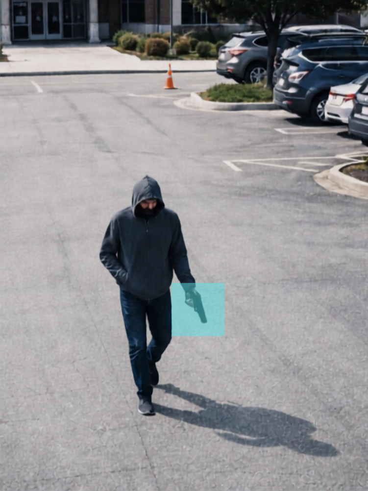 A person wearing a hooded jacket with the hood up, jeans, and sneakers, walking in a parking lot while holding a gun, casting a shadow on the ground.
