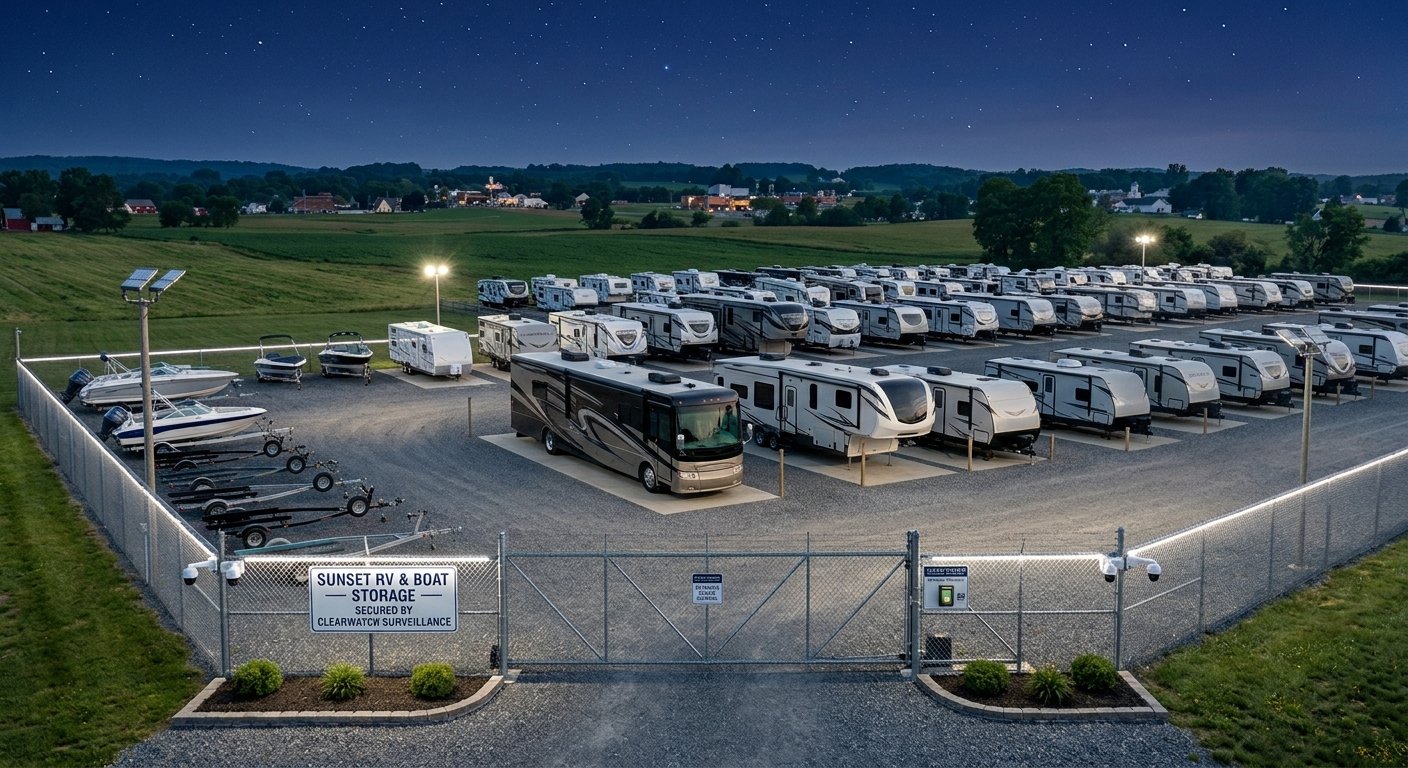 A gated RV and boat storage lot at dusk, filled with recreational vehicles, trailers, and boats, surrounded by a rural landscape with trees and hills in the background.