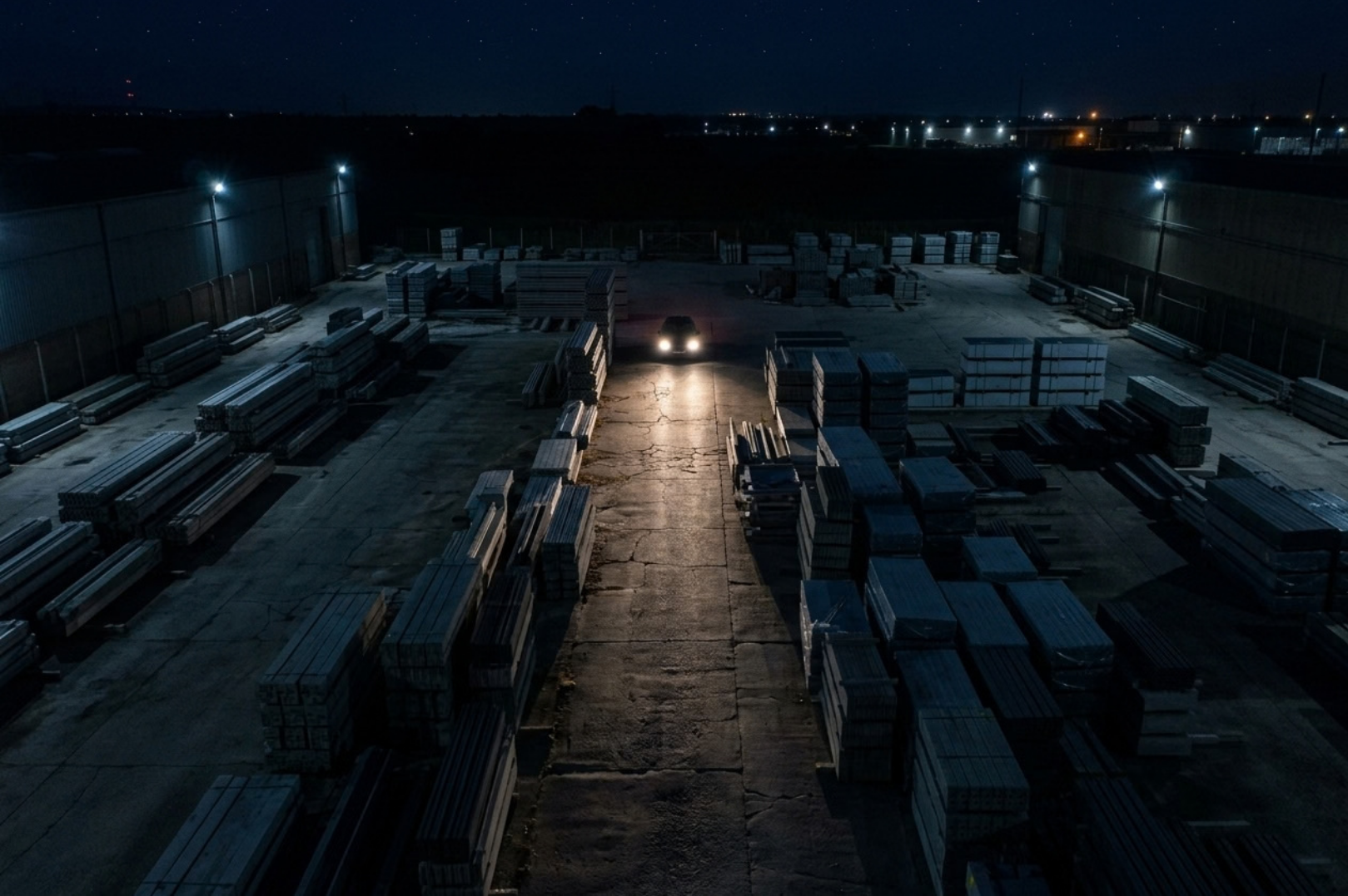 Nighttime scene of a construction yard with stacks of metal beams and materials, illuminated by a single vehicle with headlights in the center, surrounded by tall metal fences and distant city lights.