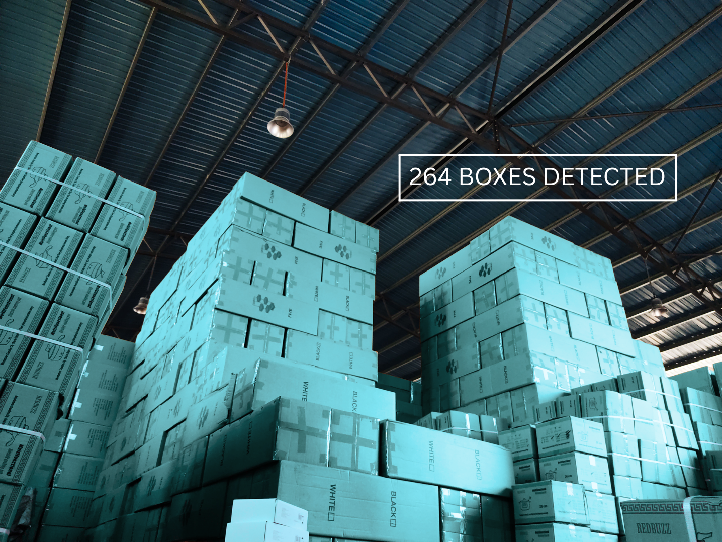 Stacks of blue boxes in a warehouse with a metal roof, with a label indicating 264 boxes detected through ai surveillance feeds.