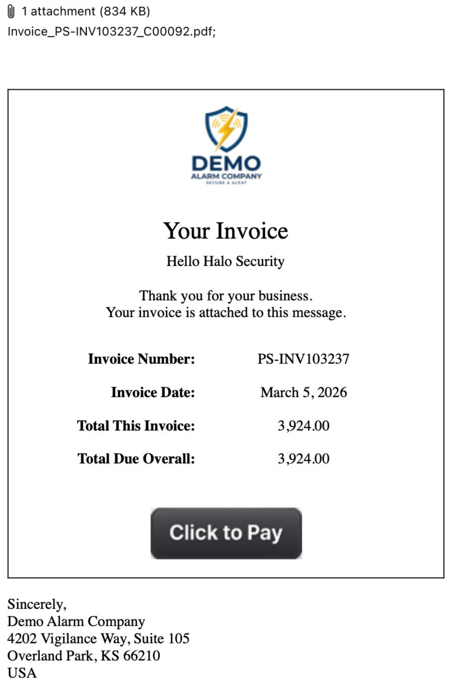 Screenshot of an email invoice from Demo Alarm Company, with details including invoice number PS-INV103237, date March 5, 2026, total amount $3,924.00, and a prominent 'Click to Pay' button at the bottom.