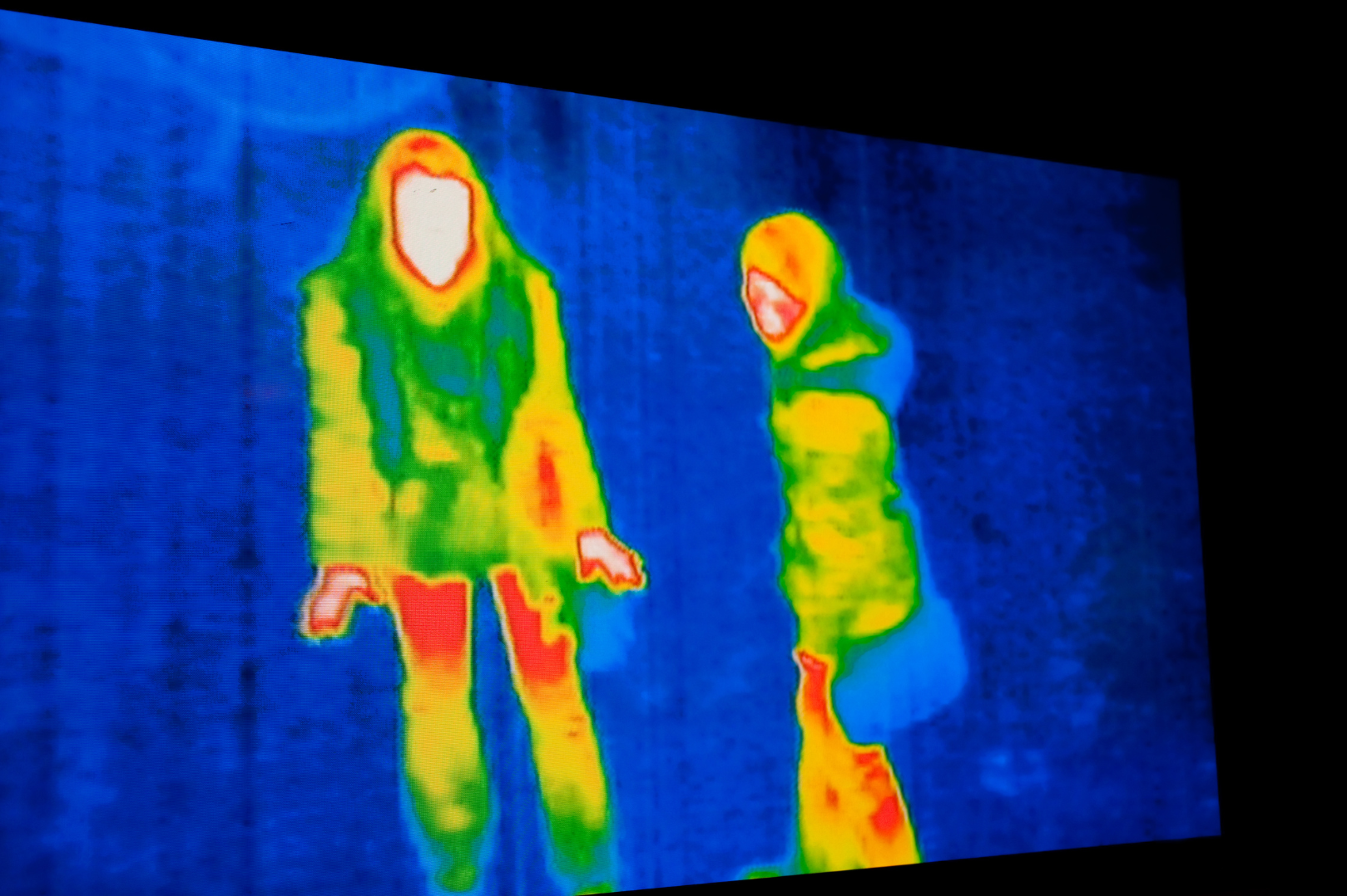 Infrared thermal surveillance footage of two people standing.