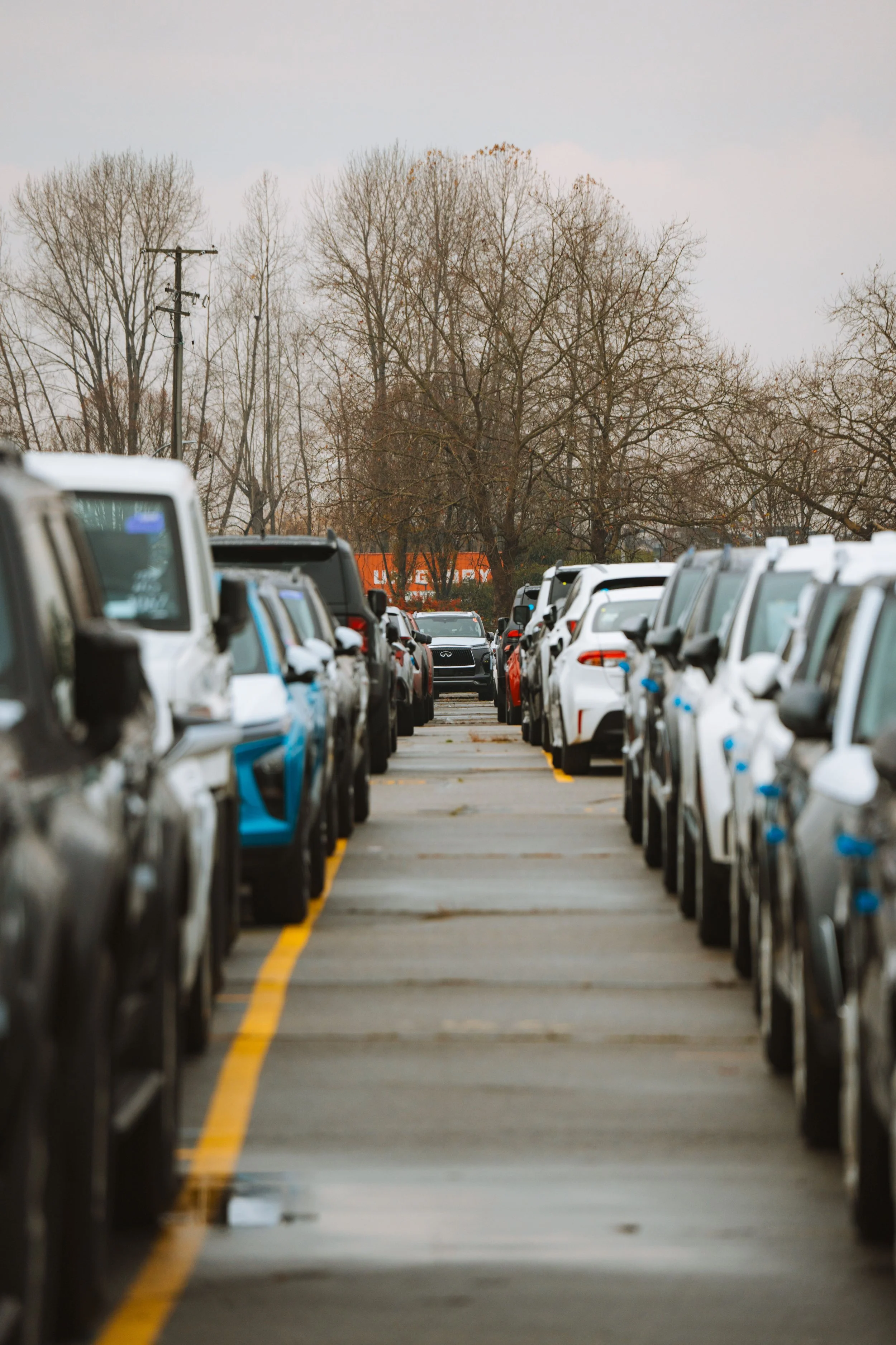 A parking lot filled with rows of parked cars, with leafless trees and a utility pole in the background on a cloudy day.