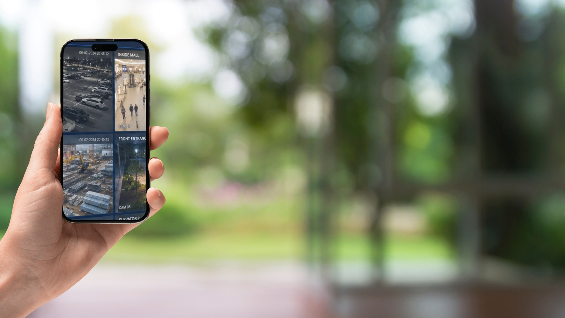 A hand holding a smartphone displaying a security camera feed with different views of a parking lot, mall entrance, and storage area against a blurred outdoor background.