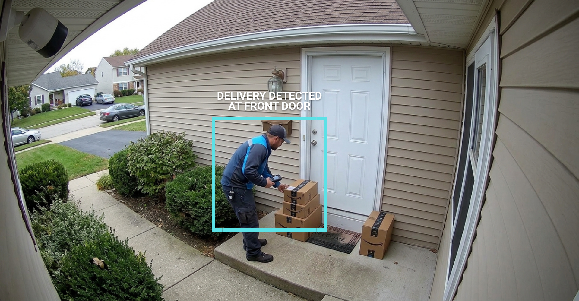 A delivery person in dark clothing and a baseball cap placing packages on the porch of a house, with a white front door and greenery around.