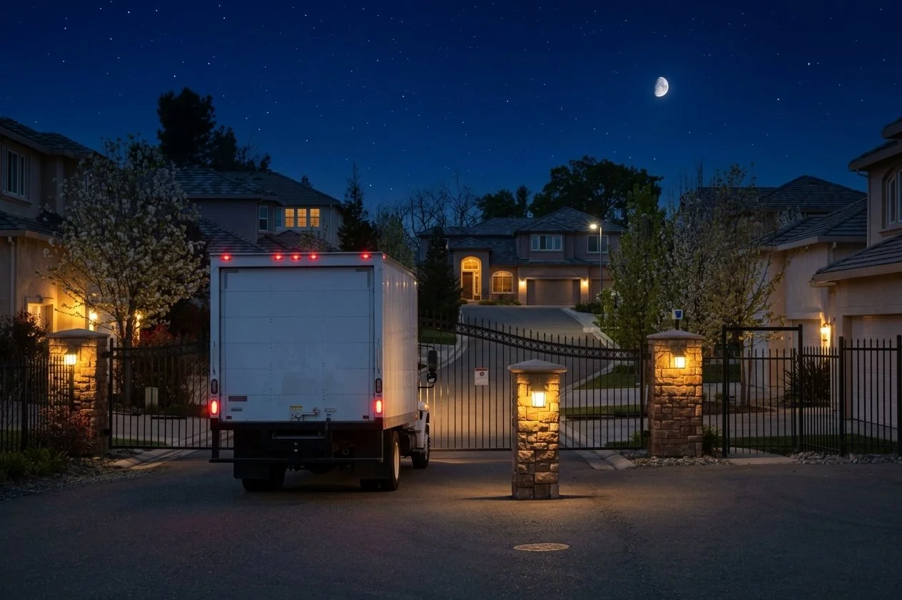 A commercial delivery truck parked at a gated neighborhood entrance during the night, with houses, trees, stars, and a crescent moon in the sky.