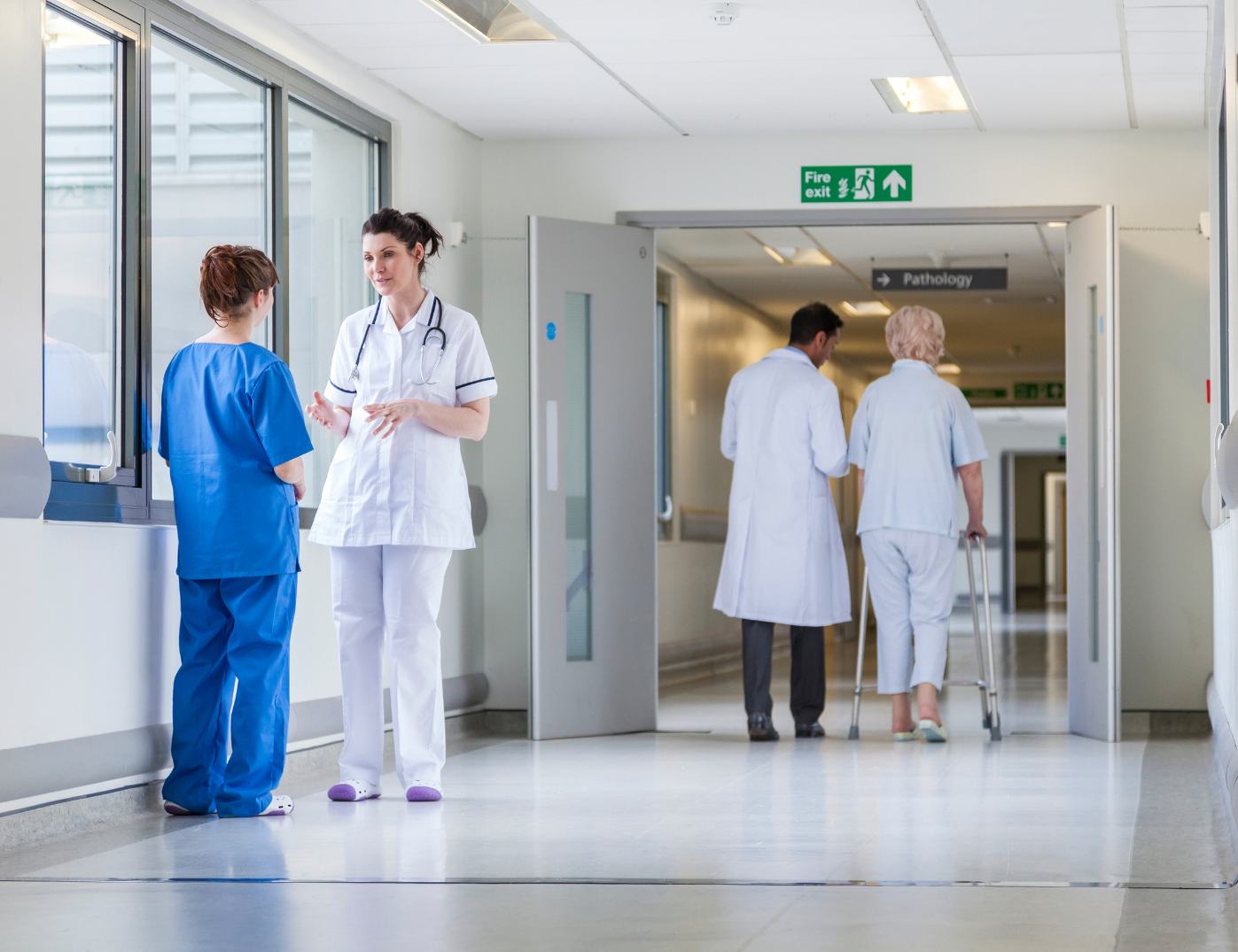 Hospital corridor with healthcare professionals and a patient using a walker, signs indicating patient area, pathology, and fire exit.