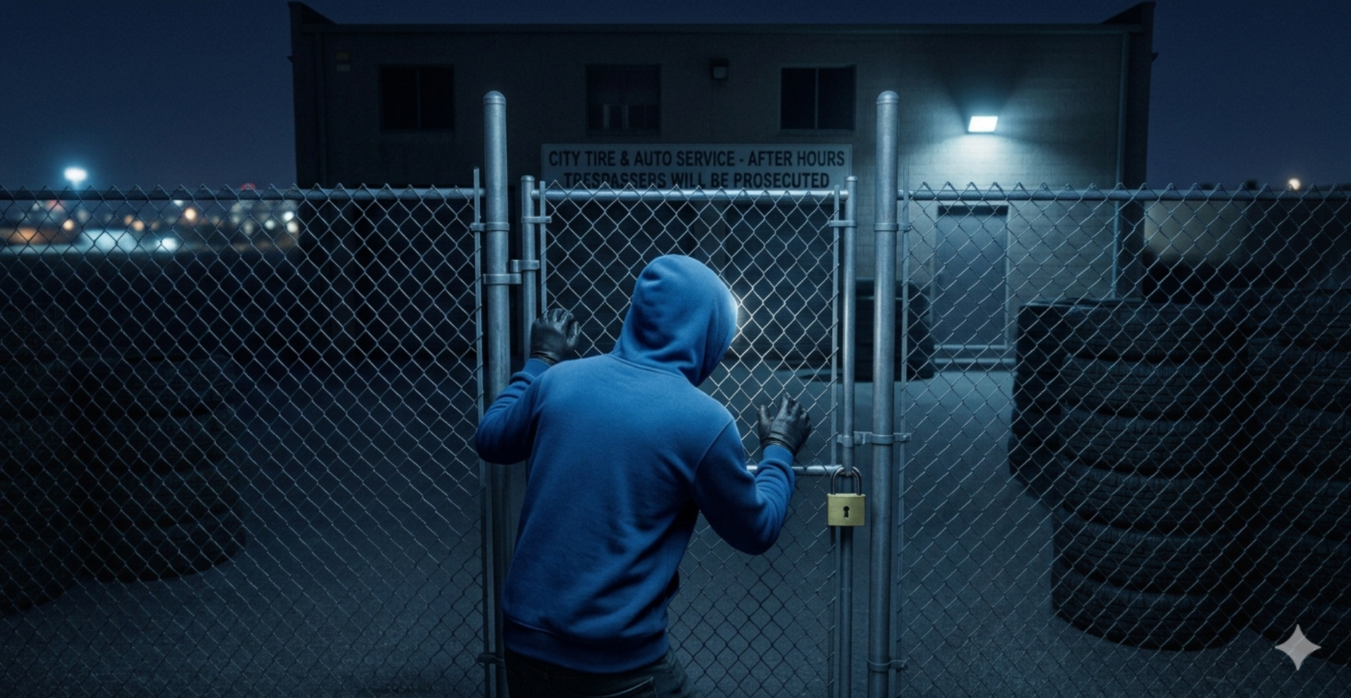 A person in a blue hoodie and gloves is holding a chain-link fence gate with a padlock, at night outside an industrial building with tires and a sign for a tire and auto service.