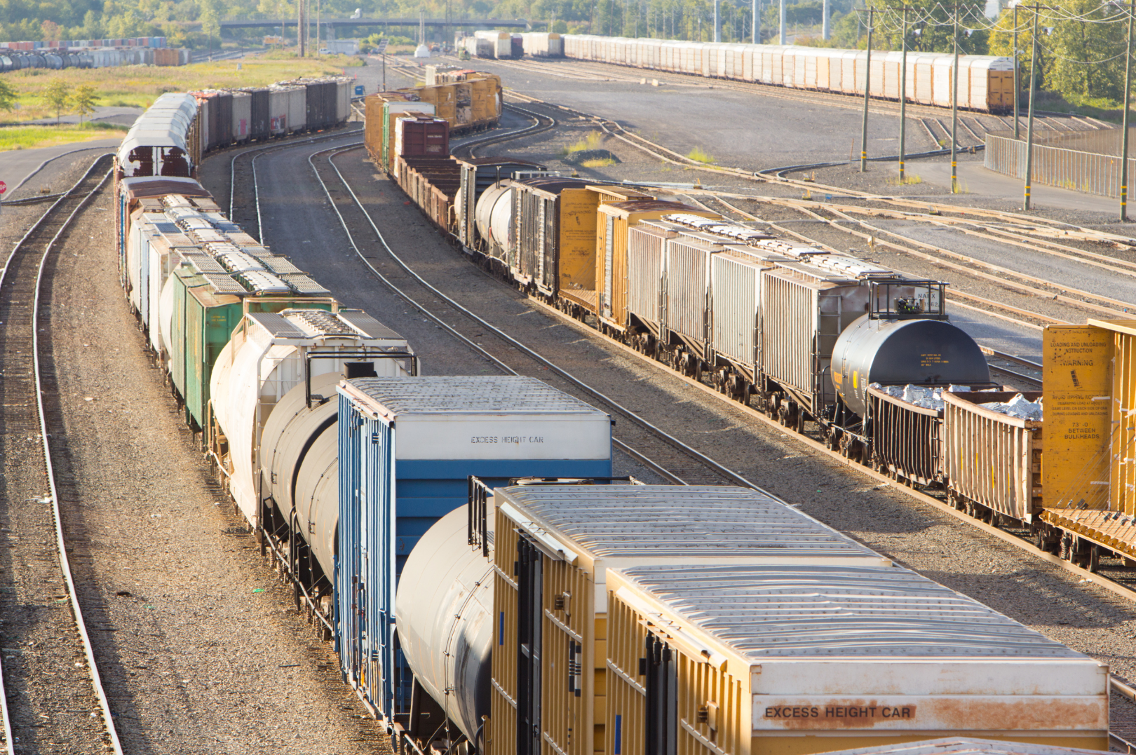 Multiple freight train cars, including tankers and cargo containers, on railroad tracks in an outdoor rail yard, with some trees and electrical poles in the background.
