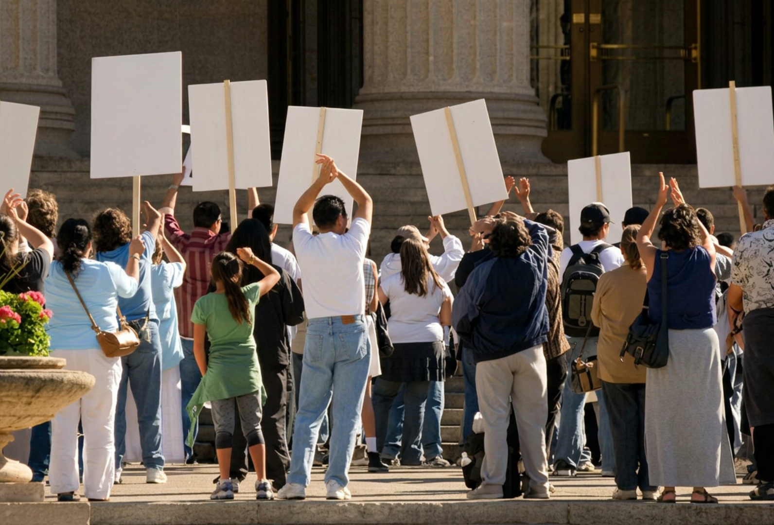 Crowd of people participating in a protest or demonstration, holding signs, gathered on steps in front of a large building with columns.