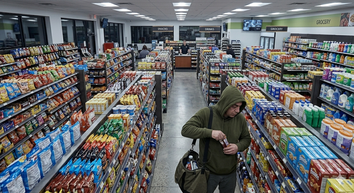 A man with a green hoodie shopping in a grocery store aisle with snacks and drinks, shoplifting inventory into his open backpack, with shelves of food and drink products on both sides and a checkout counter in the background.